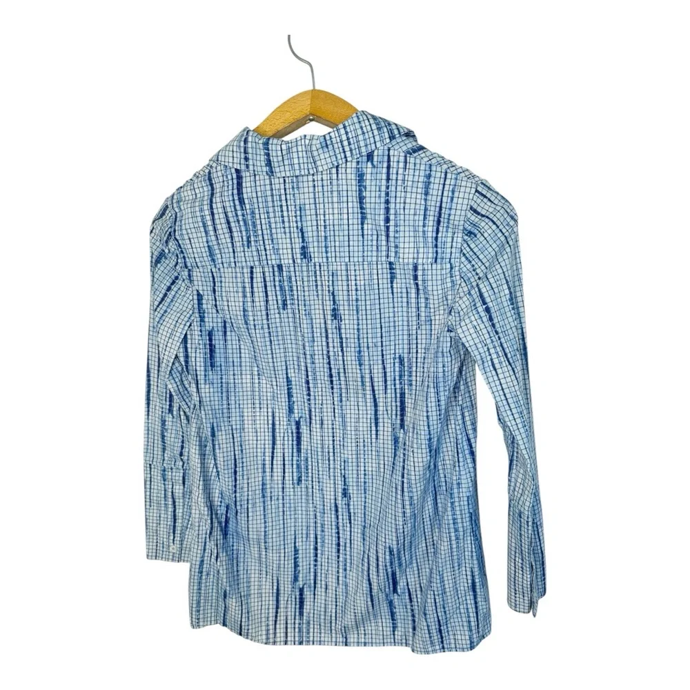 Tory Burch Popover Blouse Size 2 Blue Grid Ikat Print Coastal Prep Barrel Cuffs